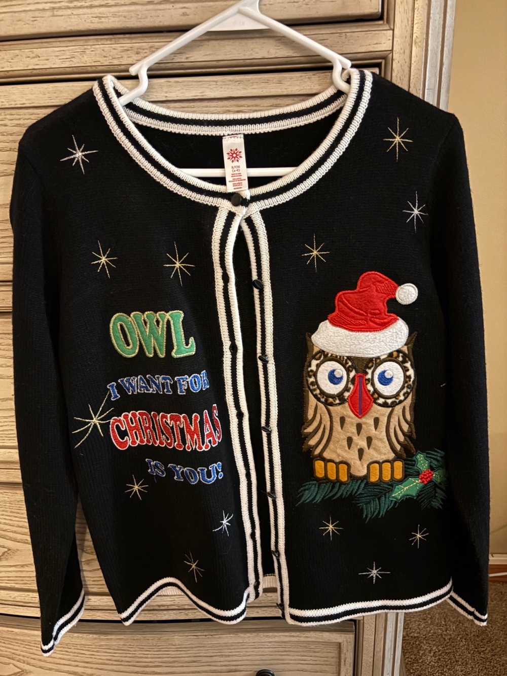 Ugly Christmas Sweater Cardigan Owl Small S 4 6 Black Festive Knit